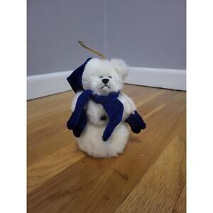 White Plush Bear Snowman Ornament Blue Hat Scarf Christmas